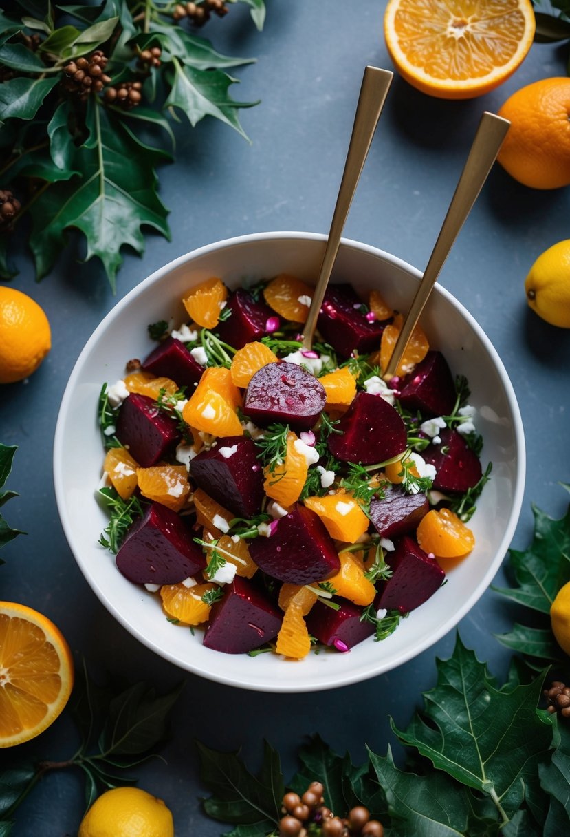 A bowl of roasted beet and citrus salad surrounded by winter foliage and seasonal fruits