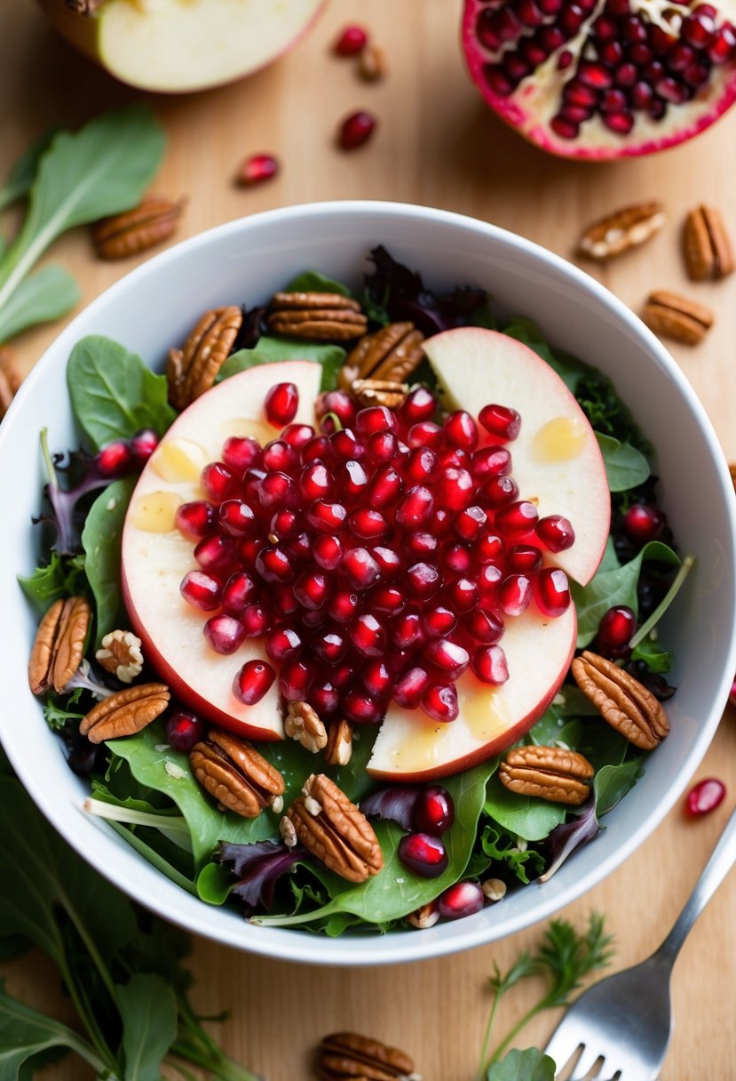 A bowl filled with vibrant pomegranate seeds, sliced apple, and scattered pecans atop a bed of mixed greens, drizzled with a light vinaigrette