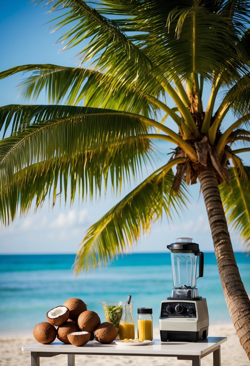 A tropical beach setting with a coconut tree, a pile of coconuts, and a table with various ingredients and a blender