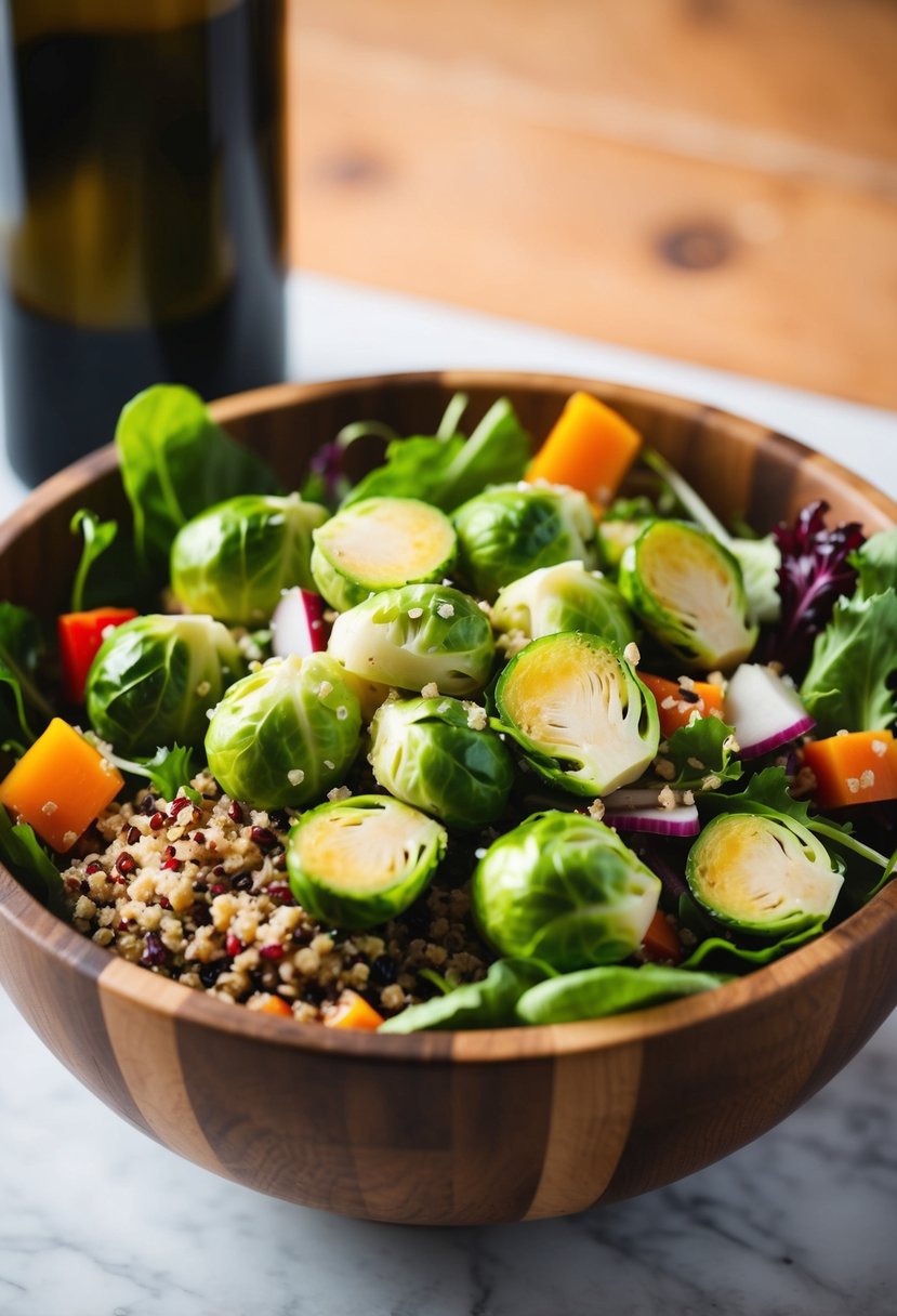 A wooden salad bowl filled with Brussels sprouts, quinoa, and colorful winter vegetables, topped with a light vinaigrette