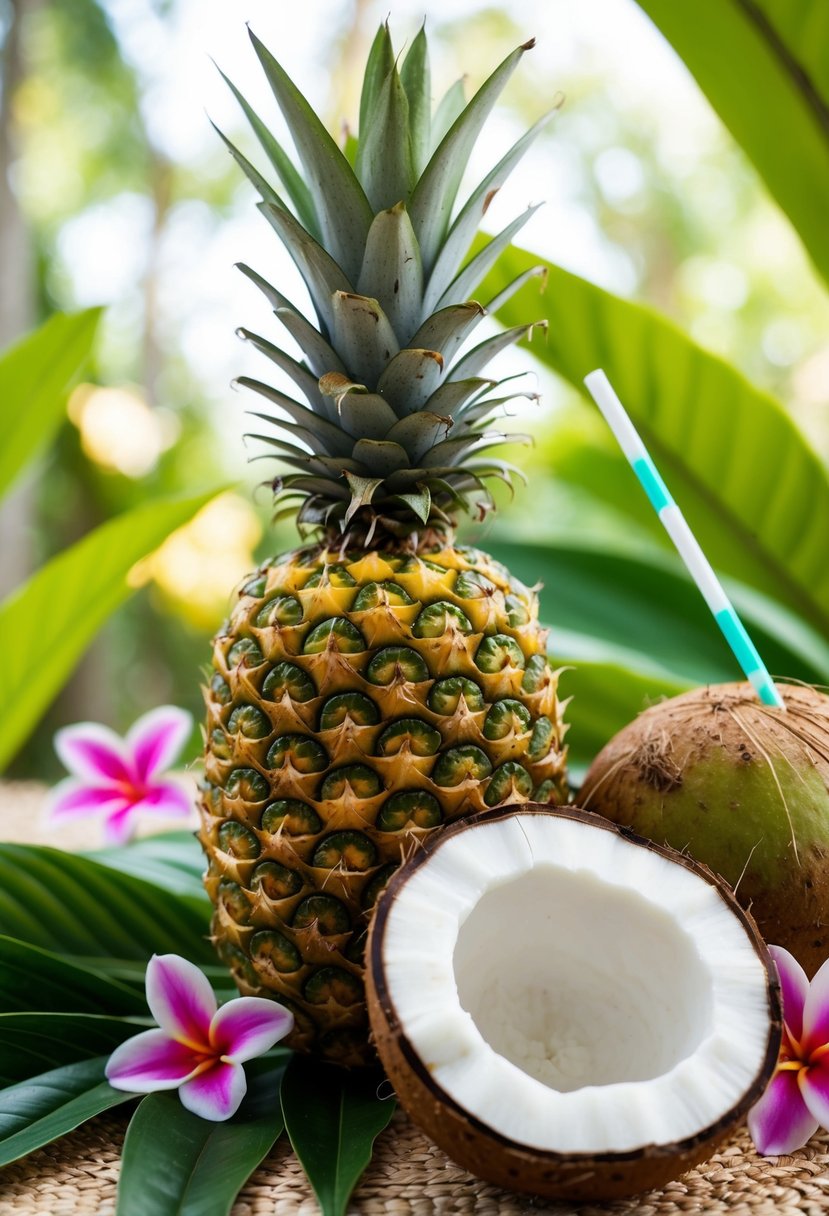 A ripe pineapple and a coconut with a straw, surrounded by tropical leaves and flowers