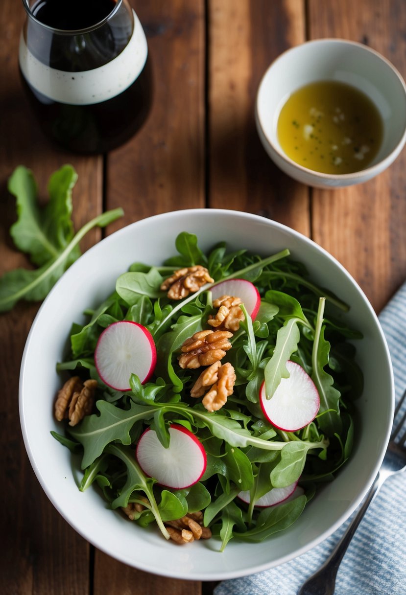 A bowl of arugula and radish salad with walnuts and vinaigrette on a wooden table