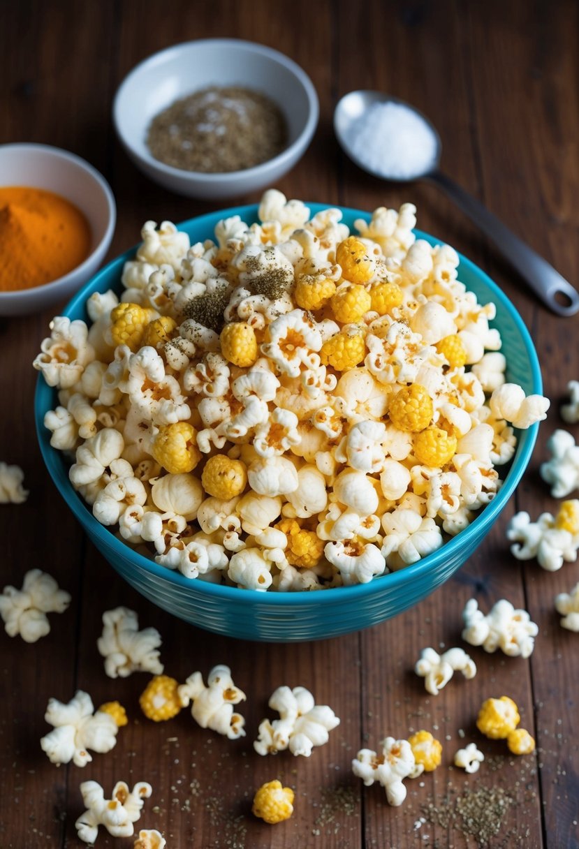 A large bowl of freshly popped popcorn with various seasonings and toppings scattered around it on a wooden table