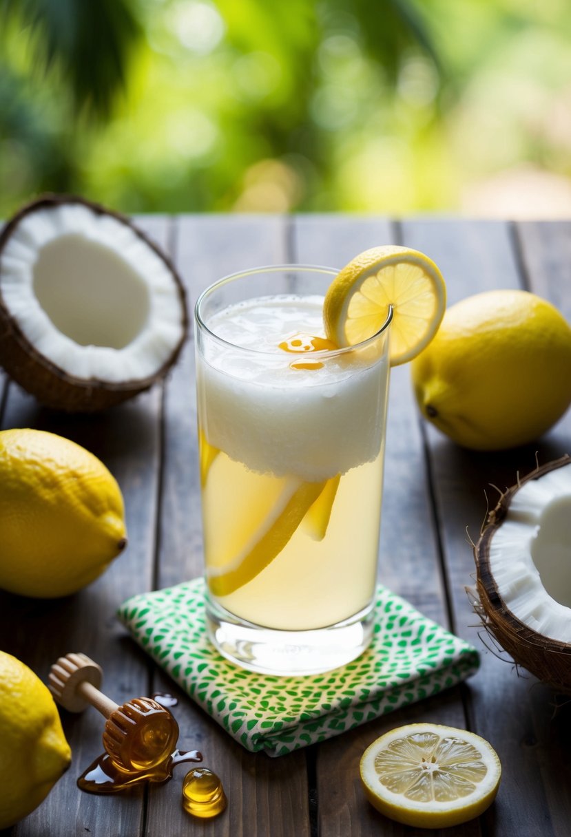 A glass of coconut water lemonade with a drizzle of honey, surrounded by fresh lemons and coconuts on a wooden table