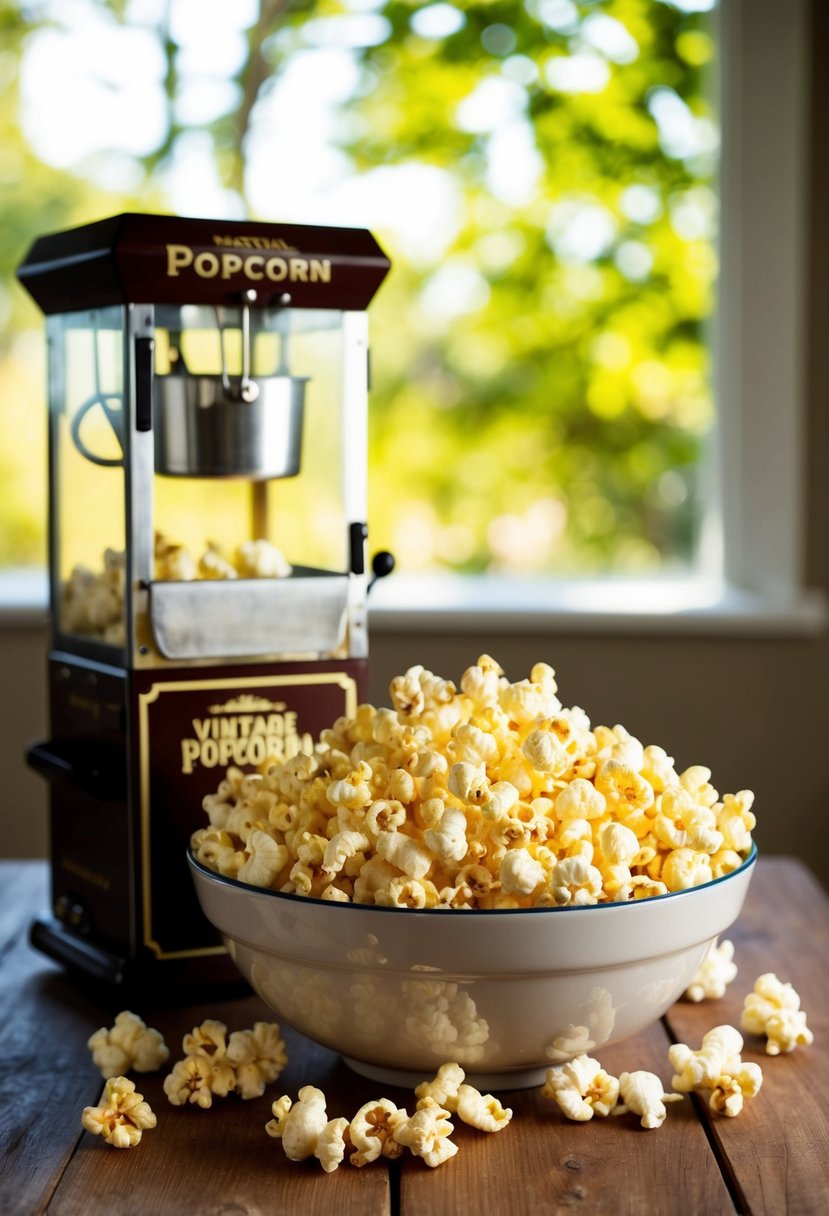 A bowl of freshly popped buttered popcorn, golden and aromatic, sits on a wooden table next to a vintage popcorn maker