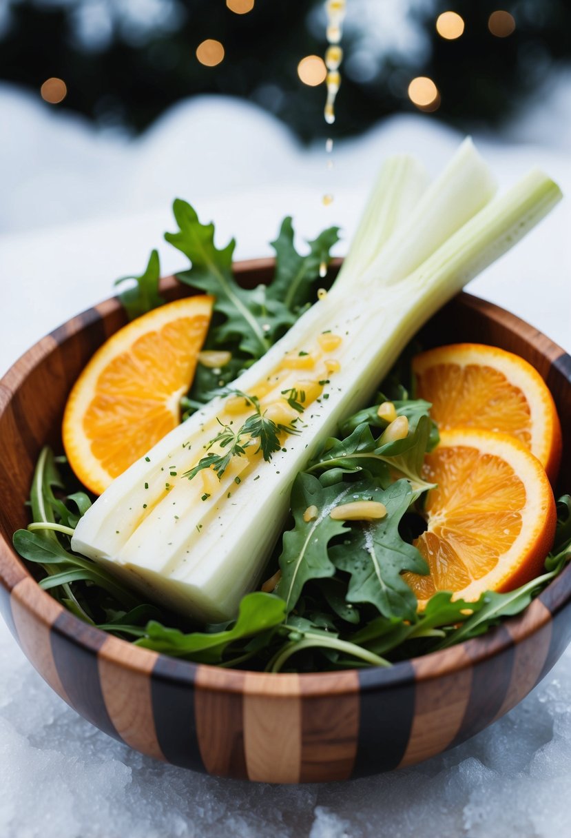 A wooden bowl filled with sliced fennel, oranges, and arugula, drizzled with a vinaigrette, set against a snowy backdrop