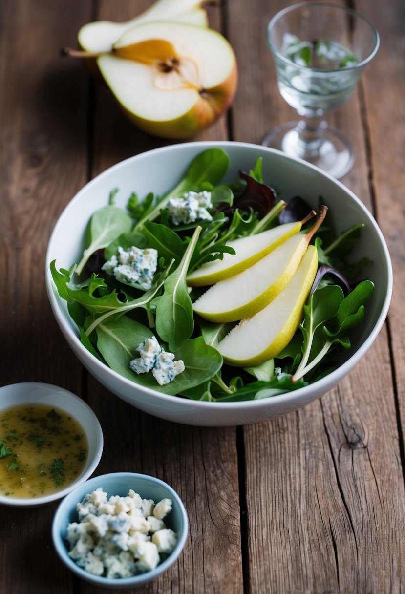 A rustic wooden table set with a bowl of winter greens, sliced pears, and crumbled blue cheese, accompanied by a vinaigrette in a small dish