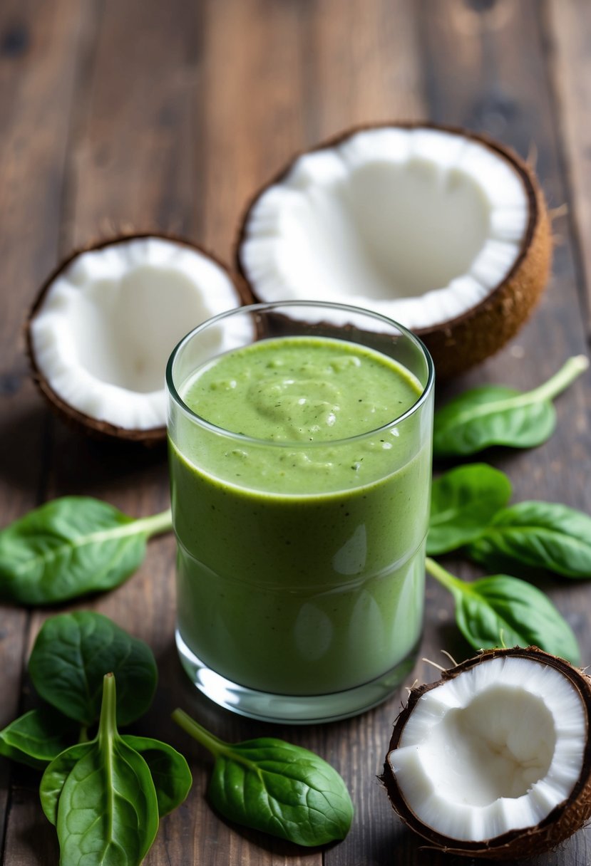 A glass filled with a green spinach banana coconut water smoothie, surrounded by fresh spinach leaves and a halved coconut