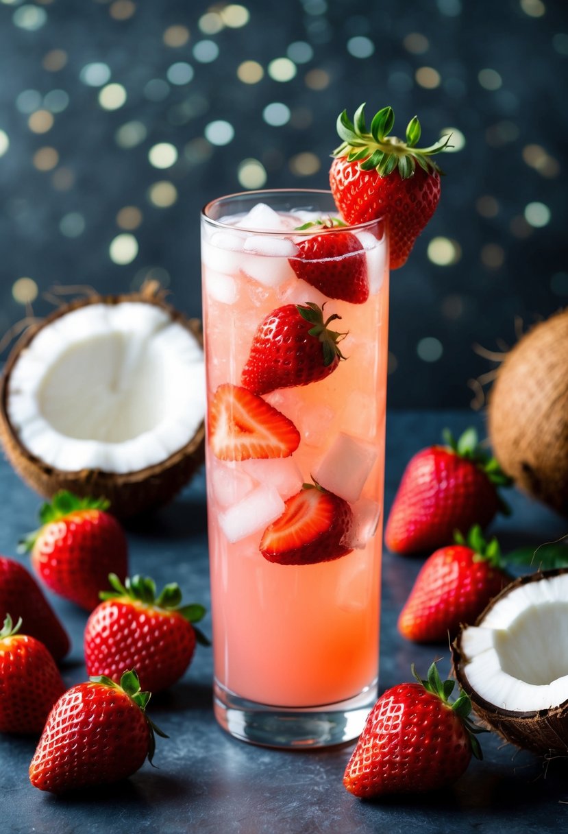 A tall glass filled with pink strawberry coconut water lemonade, surrounded by fresh strawberries and coconuts