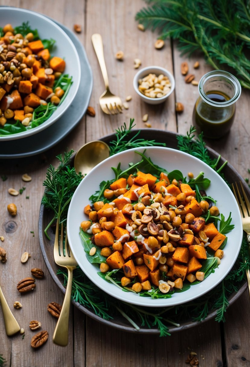 A rustic wooden table with a colorful array of roasted sweet potato and chickpea salad surrounded by winter greens and garnished with toasted nuts and a drizzle of vinaigrette