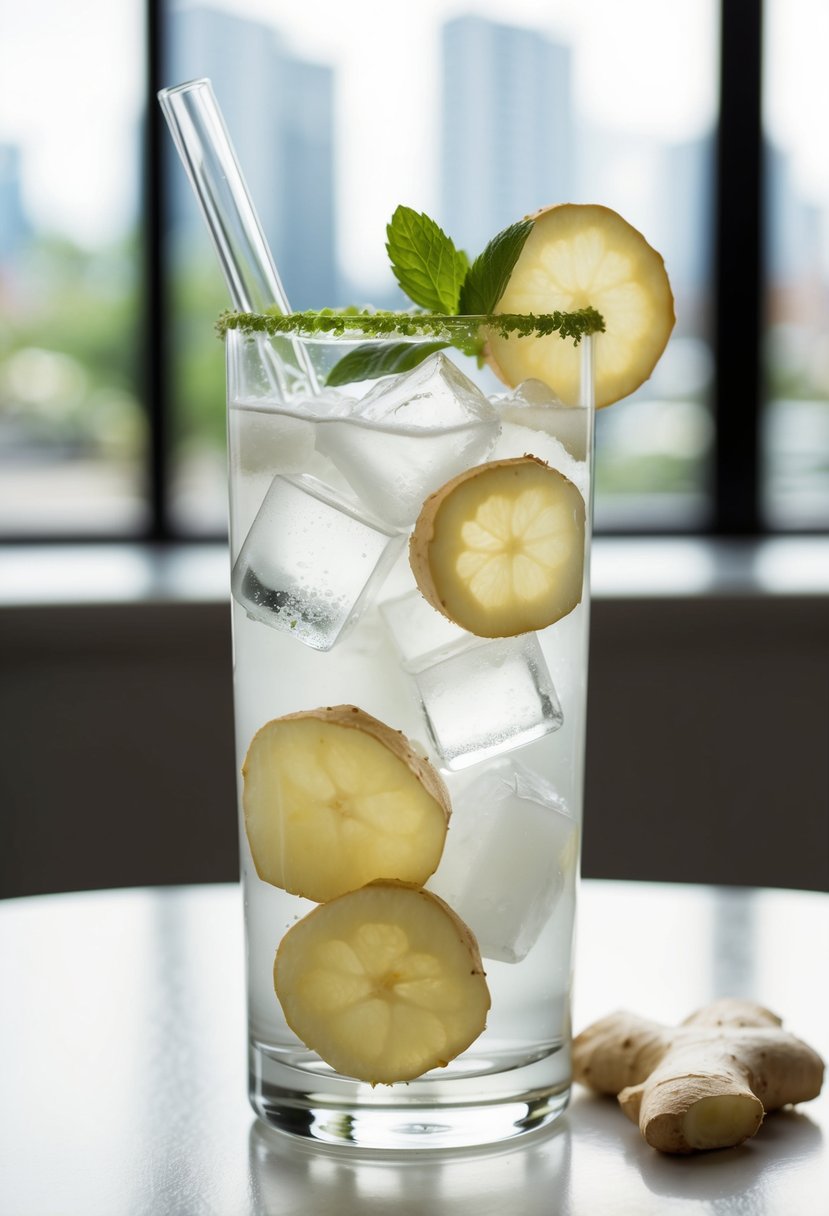 A tall glass filled with coconut water, ice cubes, and slices of fresh ginger, with a sprig of mint on the rim