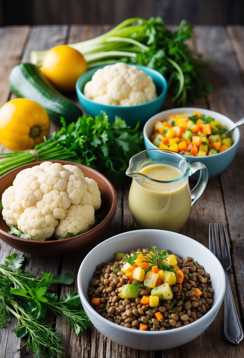 A rustic wooden table set with a colorful array of cauliflower and lentil salad ingredients, including fresh vegetables, herbs, and a vinaigrette dressing