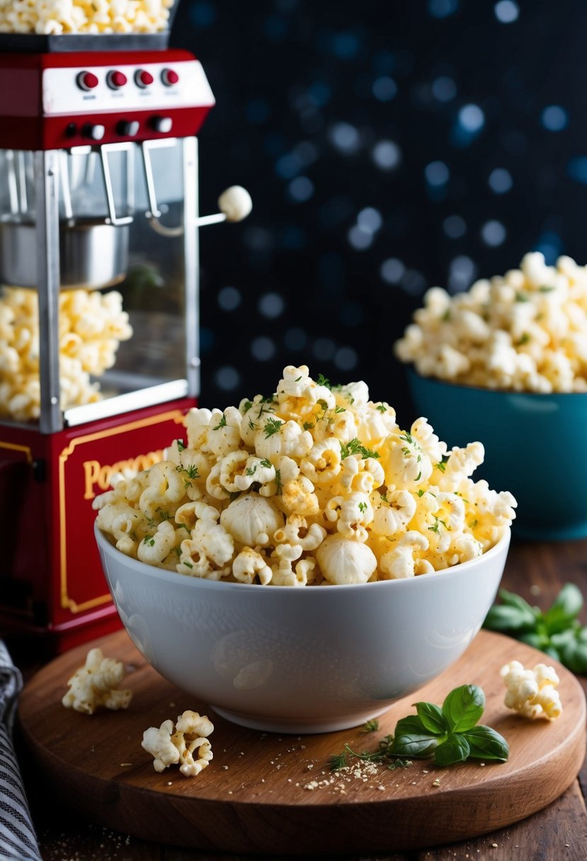 A bowl of freshly popped garlic parmesan twist popcorn, sprinkled with herbs and cheese, sits on a wooden table next to a vintage popcorn maker