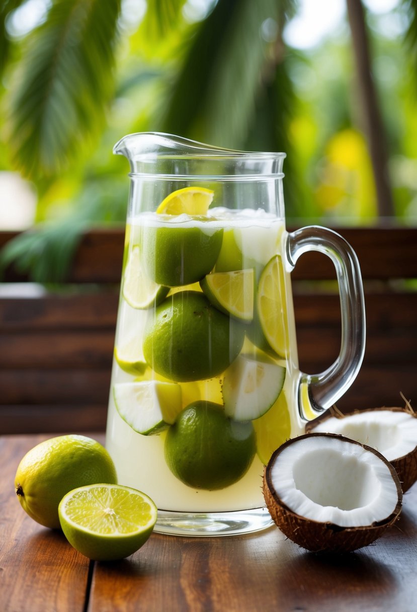 A pitcher of coconut water with calamansi fruits and coconut pieces on a wooden table