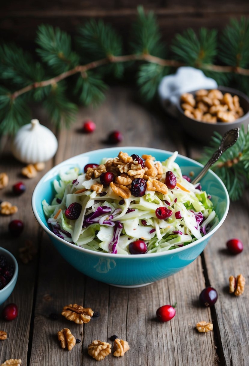 A bowl of vibrant cabbage slaw topped with cranberries and walnuts sits on a rustic wooden table, surrounded by winter foliage and scattered ingredients