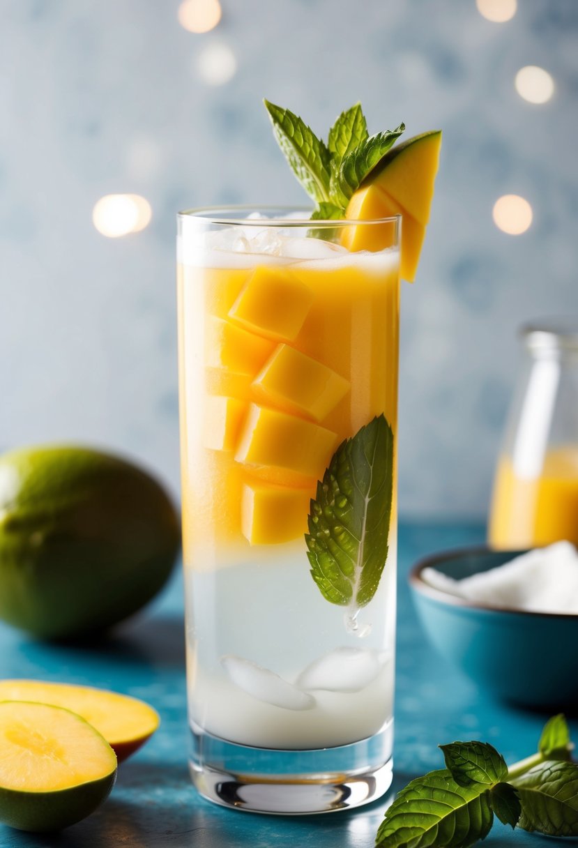 A tall glass filled with a refreshing mocktail made of mango and coconut water, garnished with a slice of fresh mango and a sprig of mint