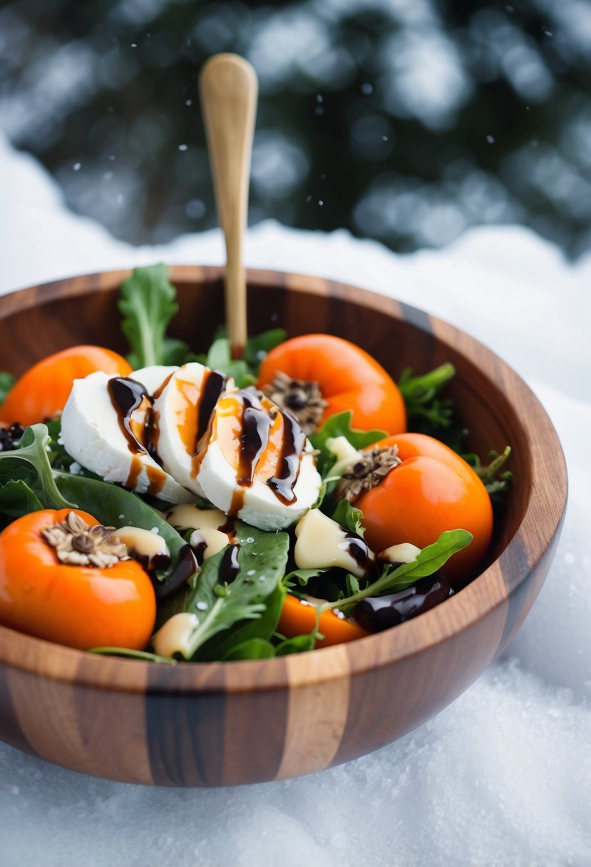 A wooden bowl filled with persimmons, goat cheese, and mixed greens, drizzled with balsamic vinaigrette, set against a snowy backdrop