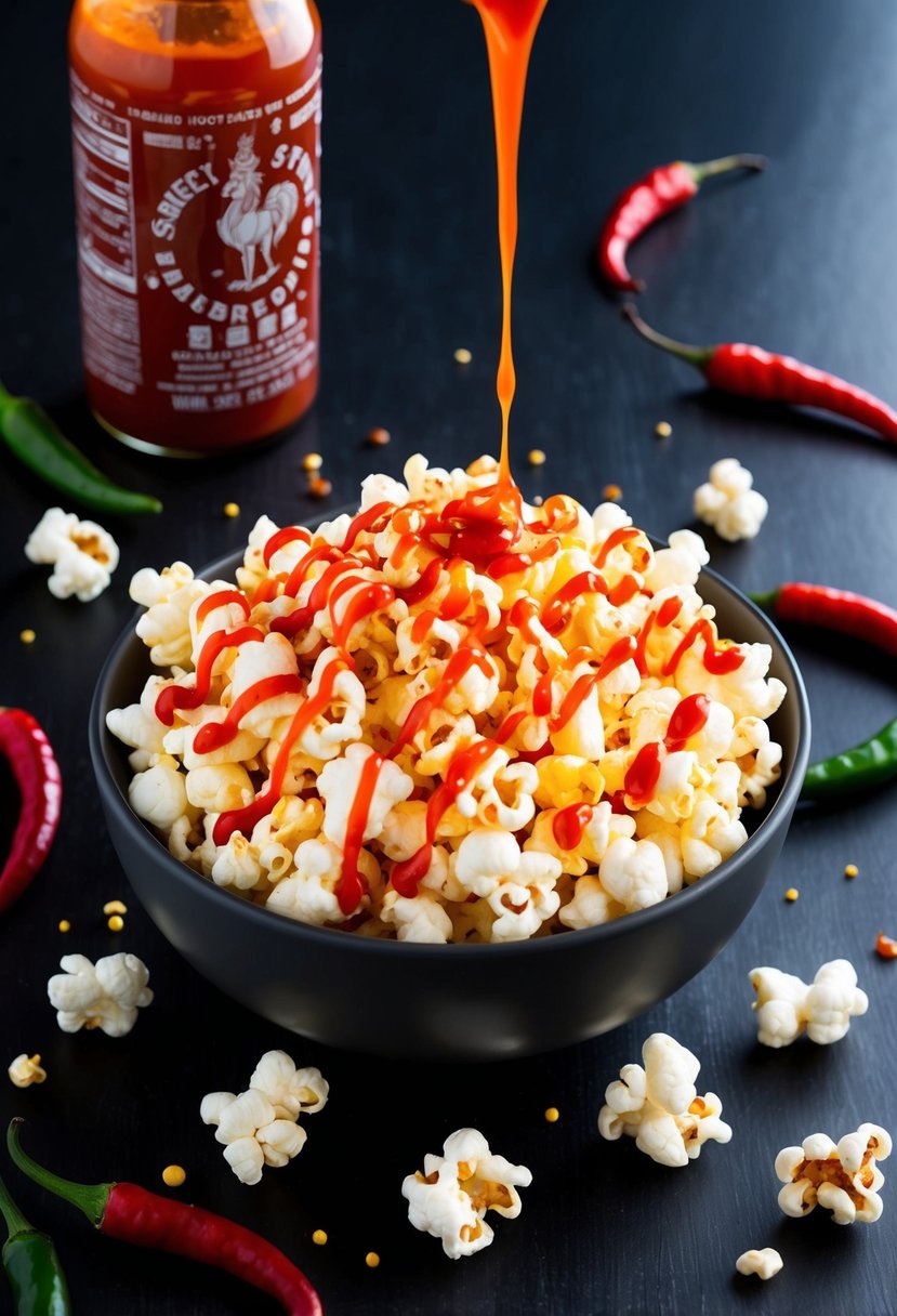 A bowl of spicy Sriracha Boost popcorn surrounded by scattered chili peppers and a drizzle of Sriracha sauce