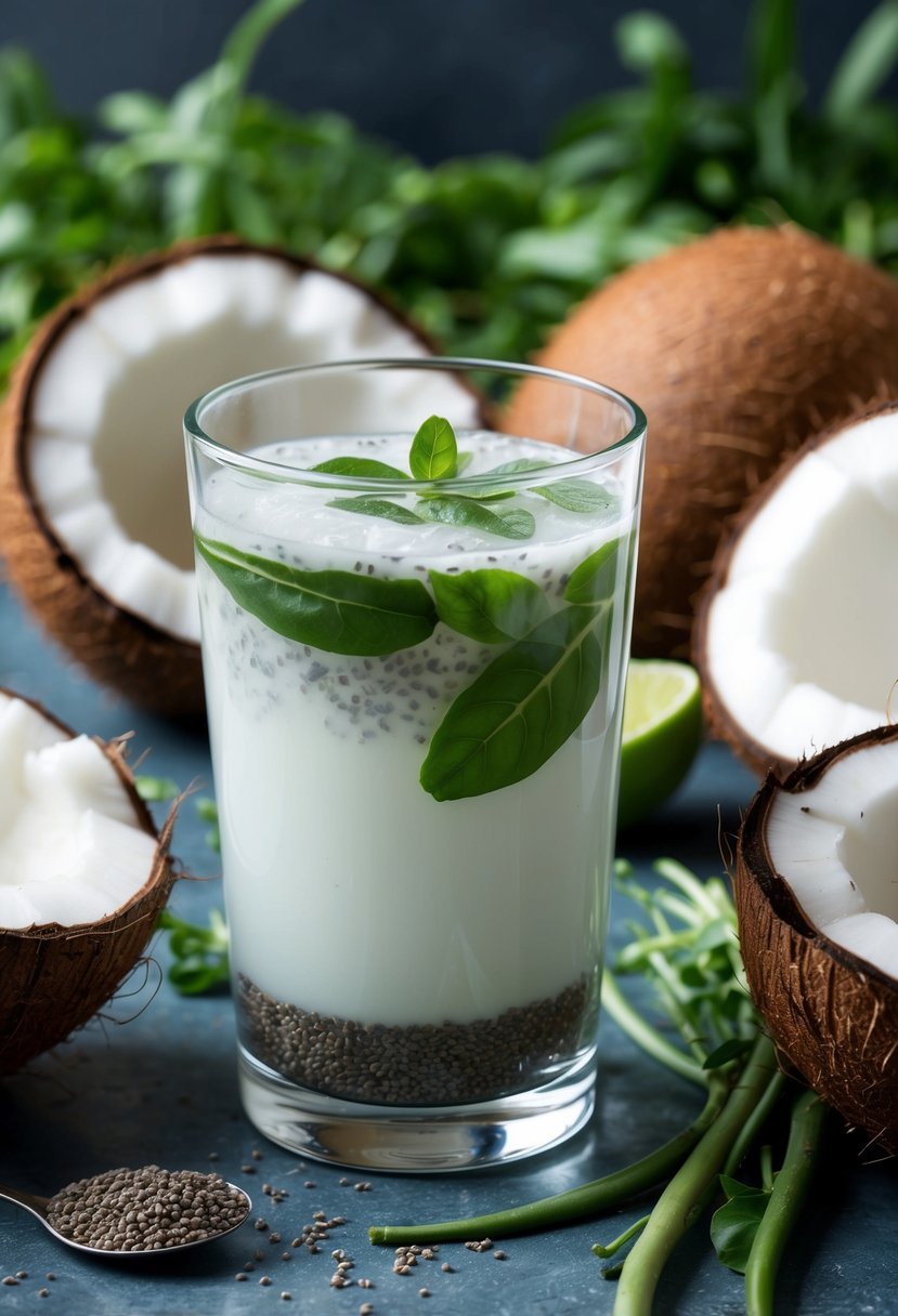 A clear glass filled with coconut water and chia seeds, surrounded by fresh coconuts and chia plants