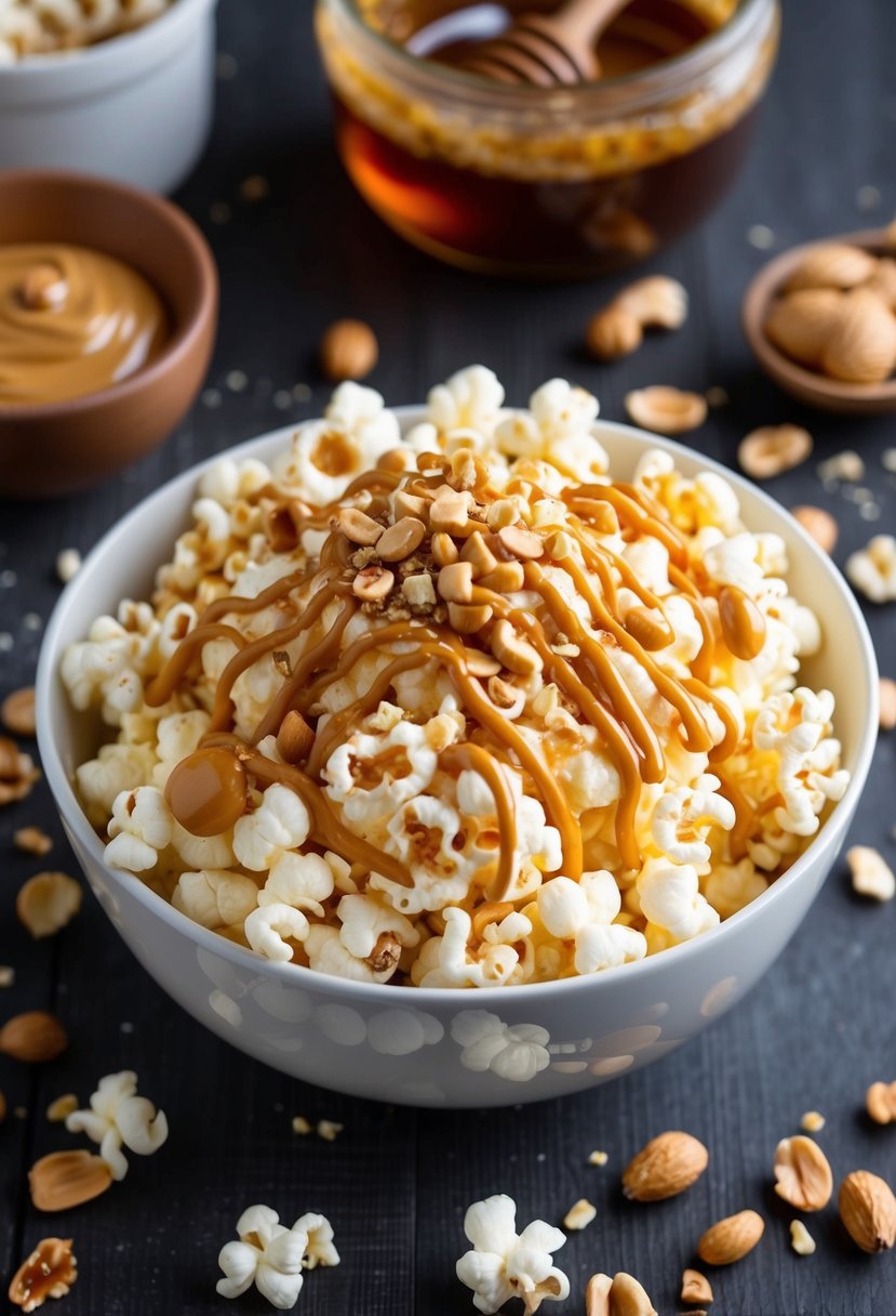 A bowl of golden popcorn drizzled with sweet honey and peanut butter, with a sprinkle of chopped nuts