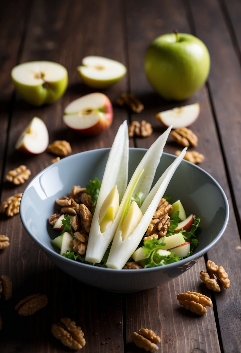 A bowl of endive, walnut, and apple salad sits on a wooden table, surrounded by scattered walnuts and apple slices