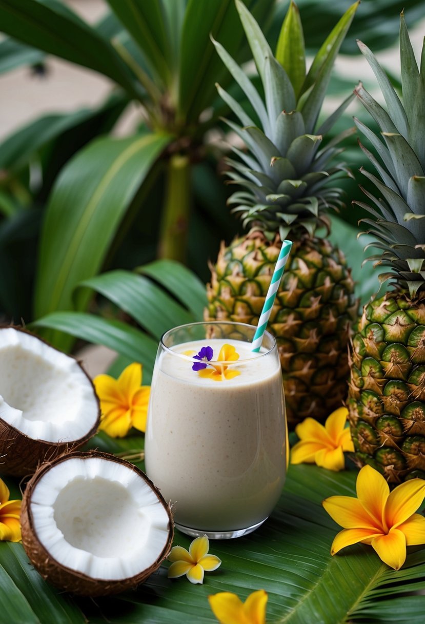 A tropical scene with a coconut water smoothie surrounded by fresh coconuts, pineapples, and tropical flowers