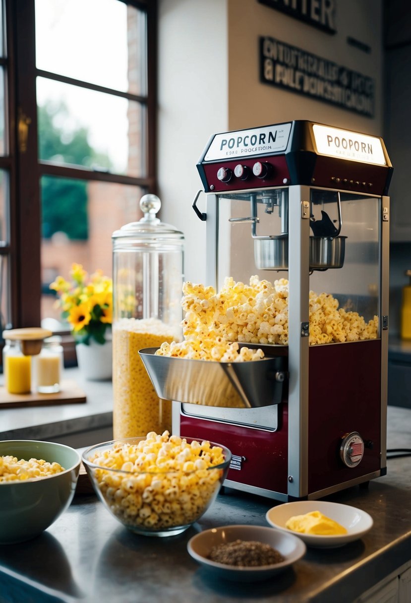 A vintage-style popcorn machine pops kernels as butter and seasoning are prepared on a nearby counter