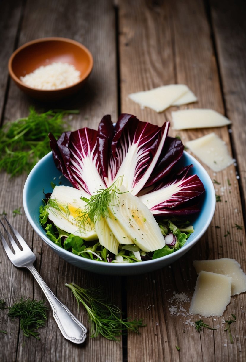 A rustic wooden table set with a bowl of vibrant radicchio, sliced fennel, and shaved parmesan, surrounded by scattered herbs and a drizzle of vinaigrette