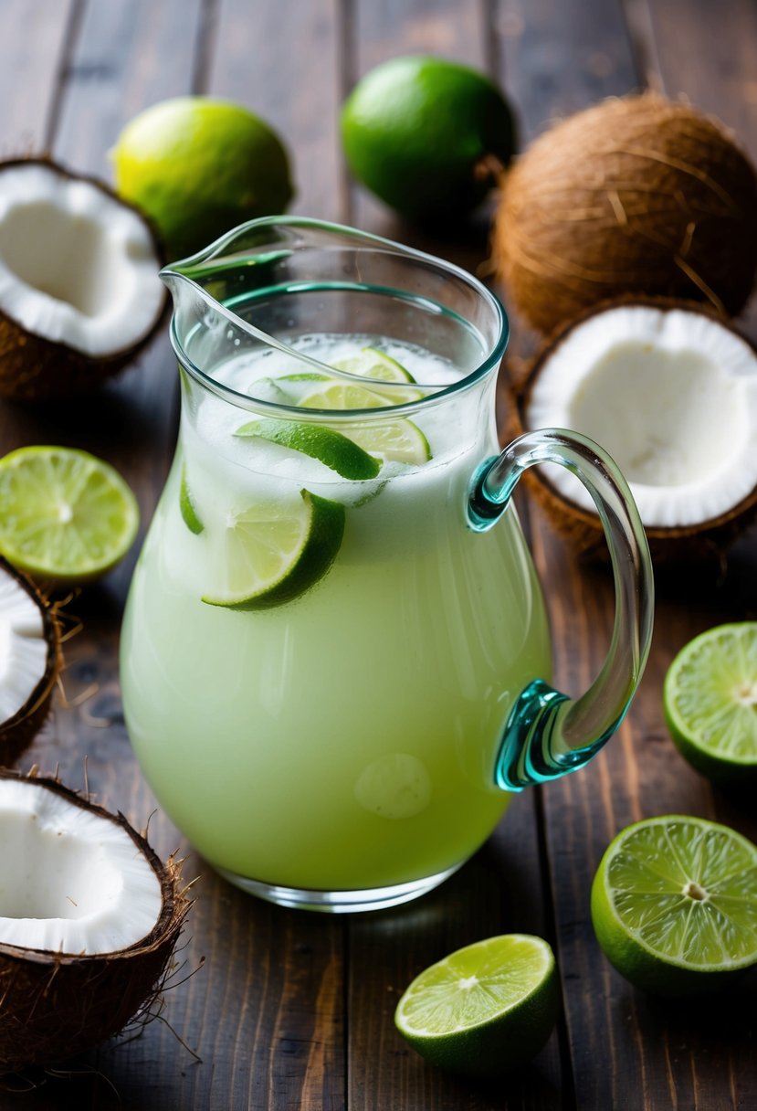 A glass pitcher filled with coconut lime agua fresca surrounded by fresh coconuts and limes on a wooden table