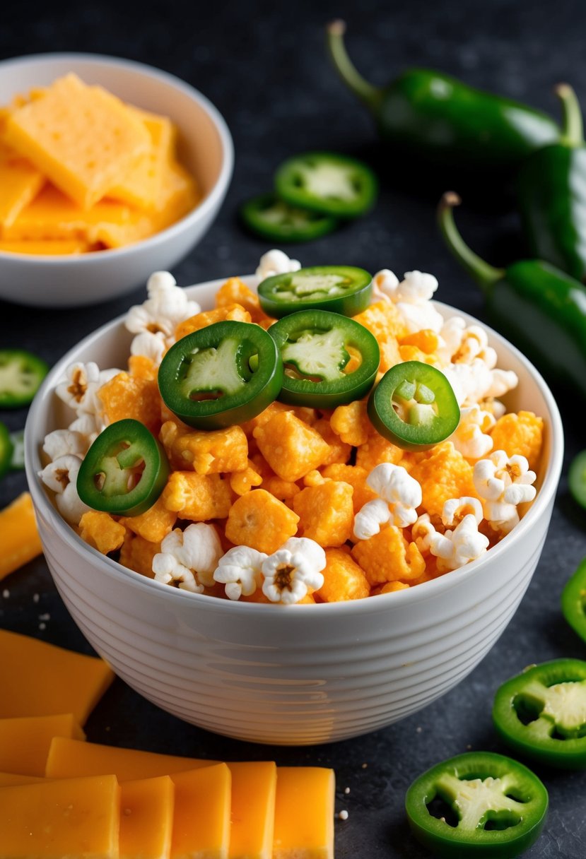 A bowl of spicy, cheesy popcorn with jalapeño slices scattered on top, surrounded by ingredients like cheese and jalapeños