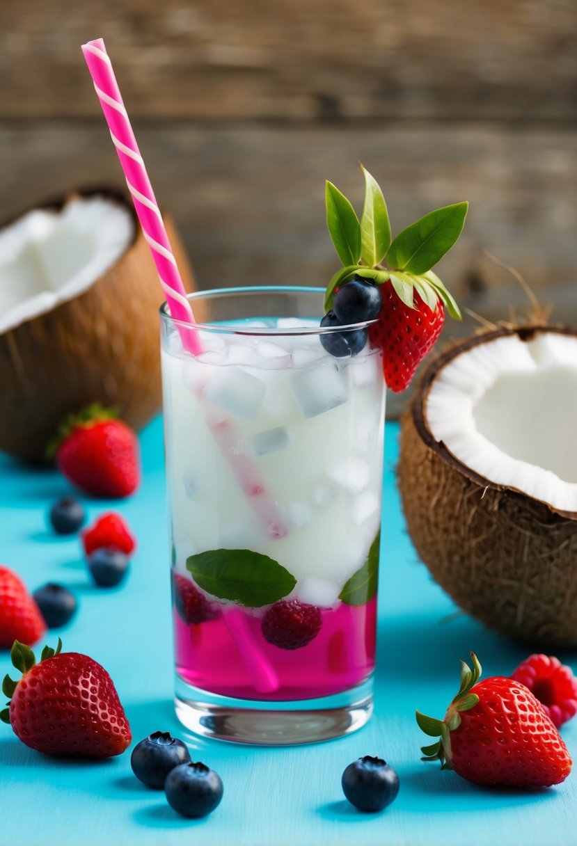 A refreshing glass of coconut water and berry cooler surrounded by fresh berries and a coconut