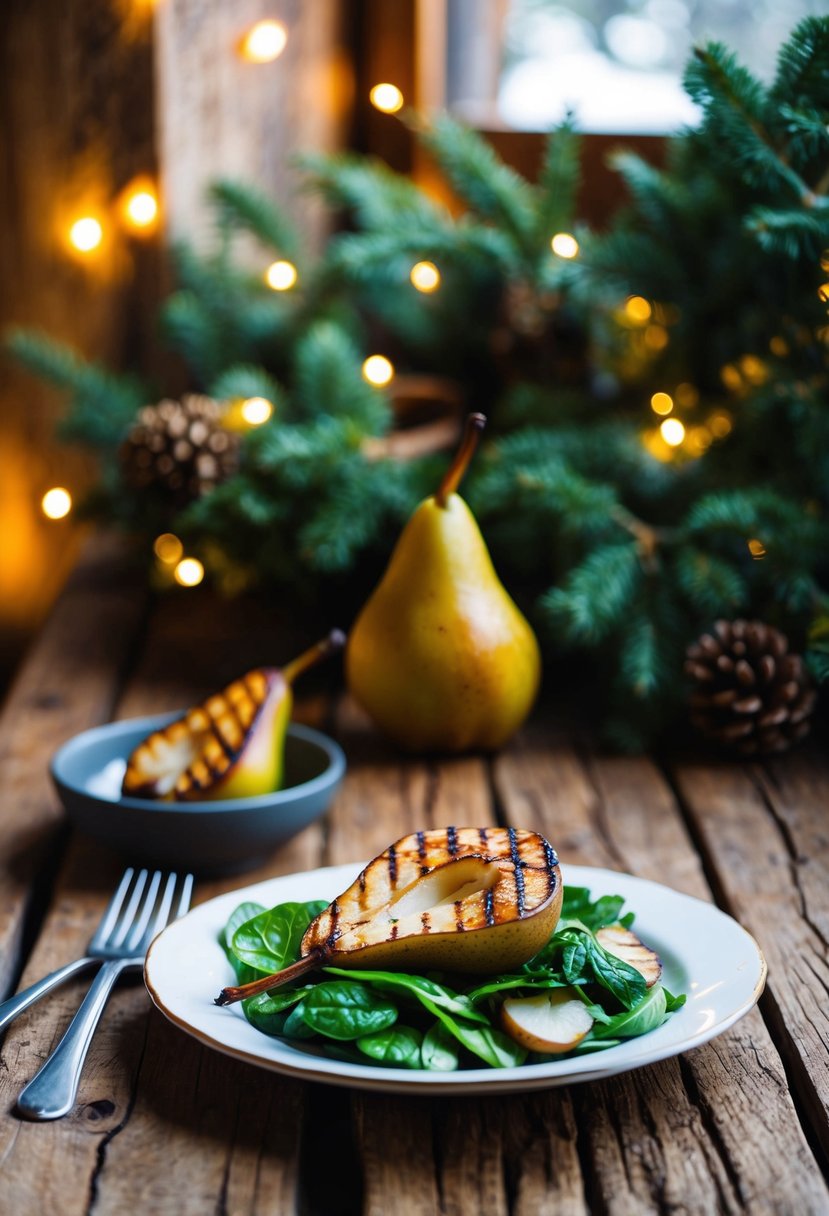 A rustic wooden table with a plate of grilled pear and spinach salad, surrounded by winter foliage and a warm, cozy atmosphere