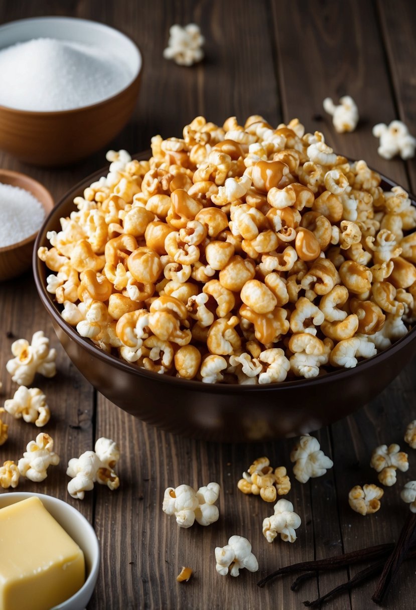 A large bowl of caramel-coated popcorn sits on a wooden table, surrounded by scattered ingredients like sugar, butter, and vanilla