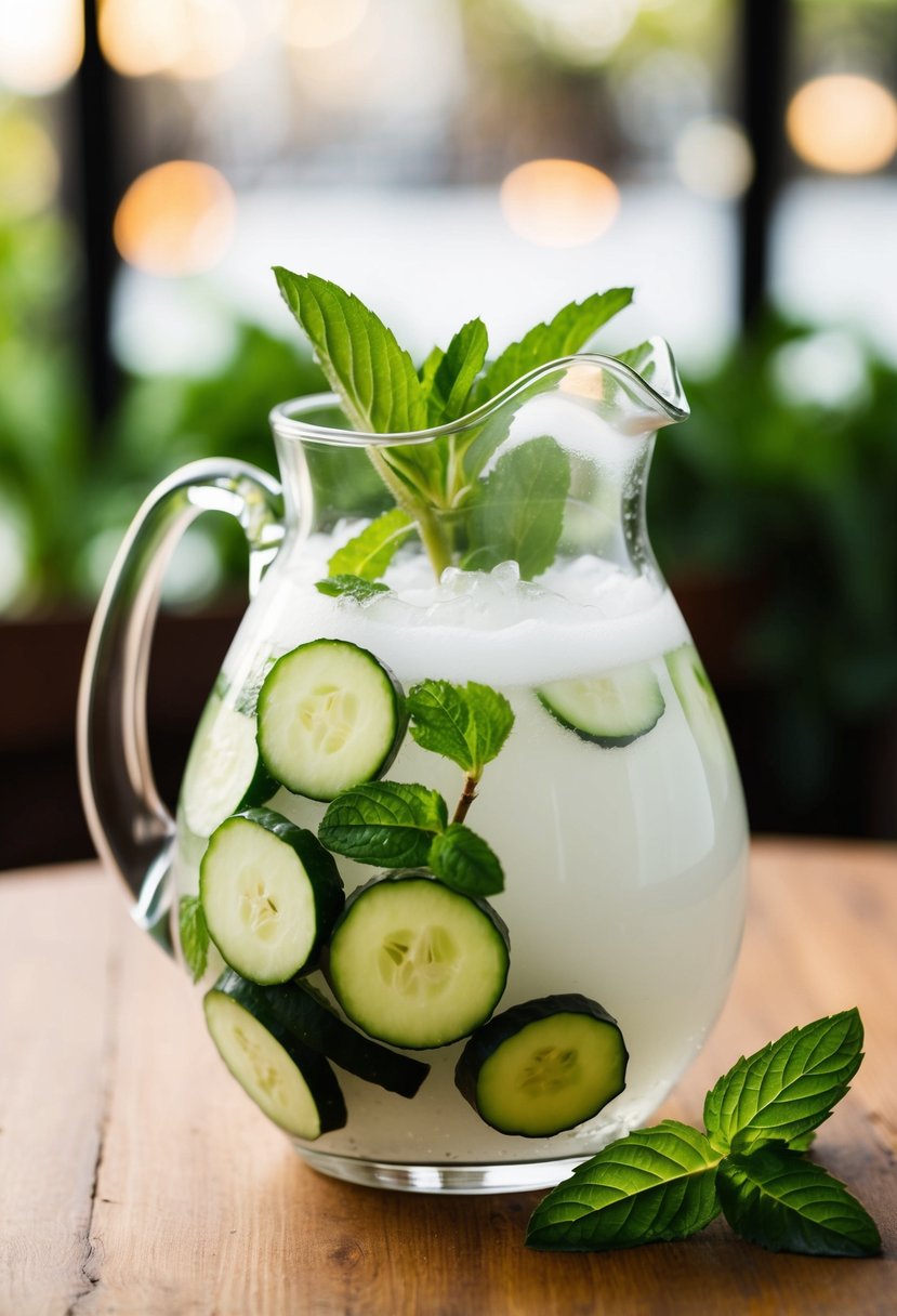 A glass pitcher filled with cucumber slices, mint leaves, and coconut water, sitting on a wooden table