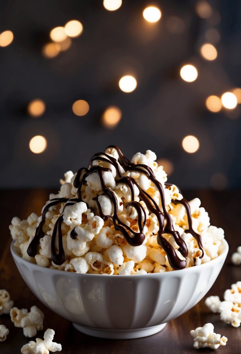 A bowl of freshly popped popcorn drizzled with rich, dark chocolate