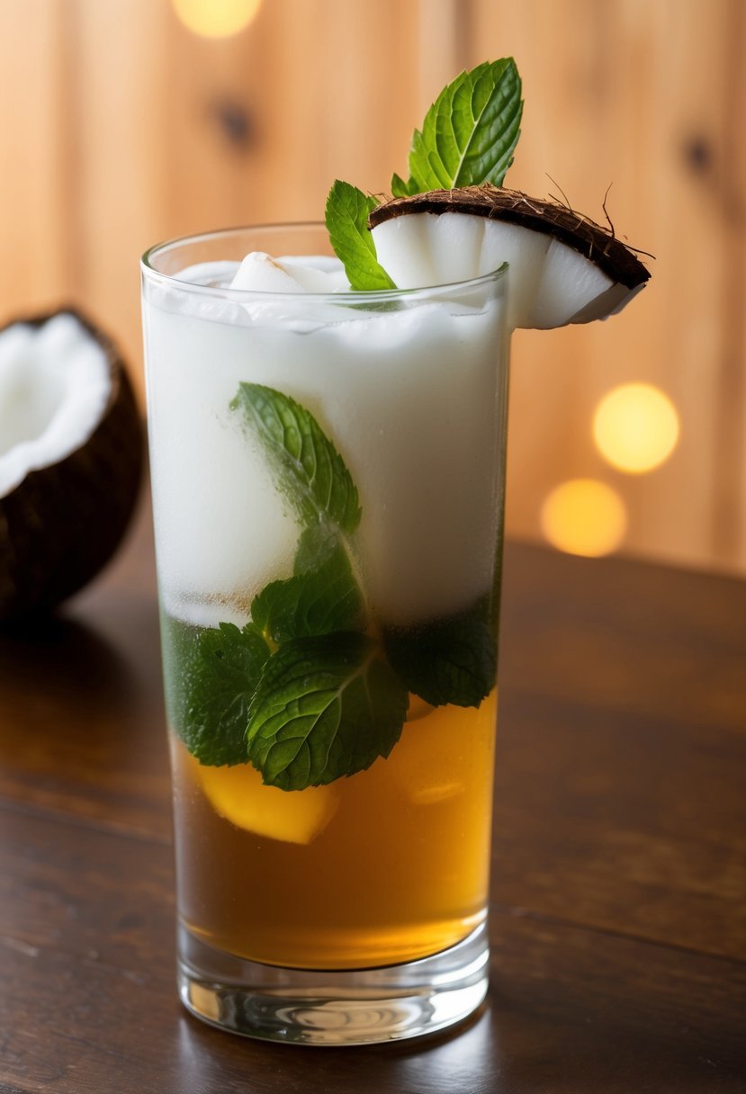 A tall glass of iced tea with coconut water, garnished with a slice of fresh coconut and a sprig of mint, sitting on a wooden table