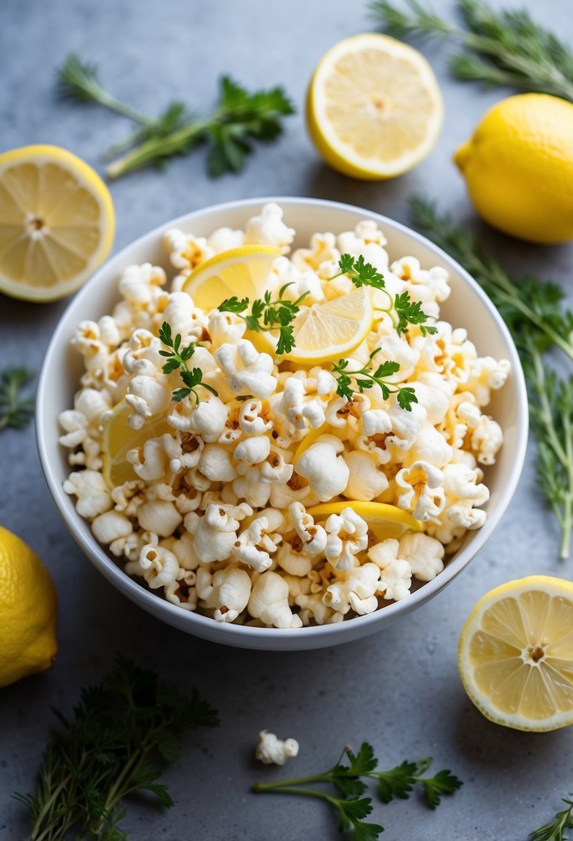 A bowl of freshly popped lemon herb-infused popcorn surrounded by fresh lemon slices and sprigs of herbs