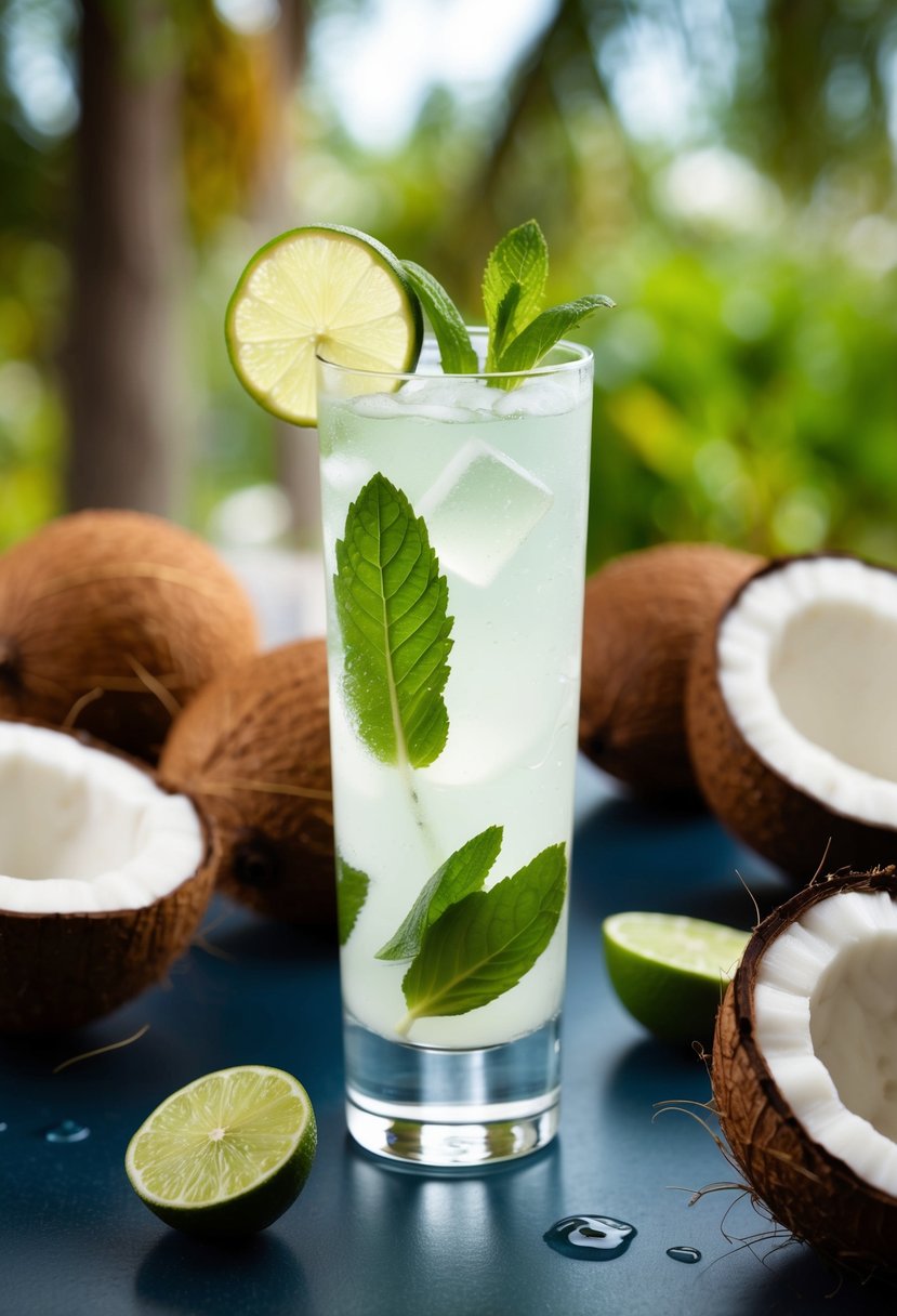 A tall glass filled with a refreshing mocktail, garnished with mint and a slice of lime, surrounded by coconut shells and fresh coconut water