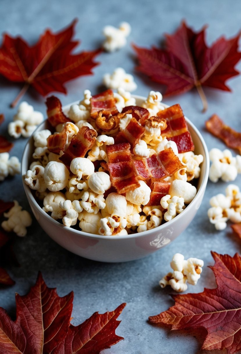 A bowl of maple bacon popcorn surrounded by maple leaves and bacon strips