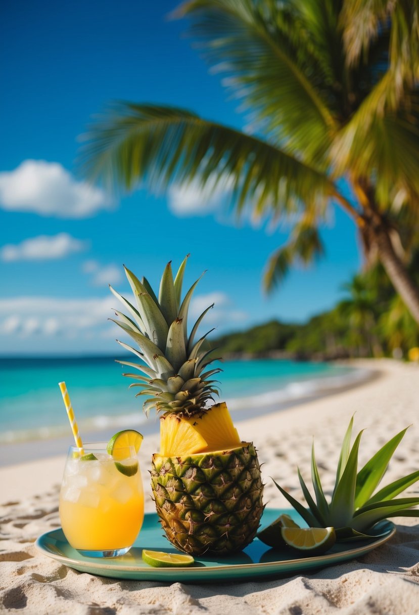 A tropical beach setting with a coconut water pineapple punch served in a hollowed-out pineapple, surrounded by lush greenery and a clear blue sky