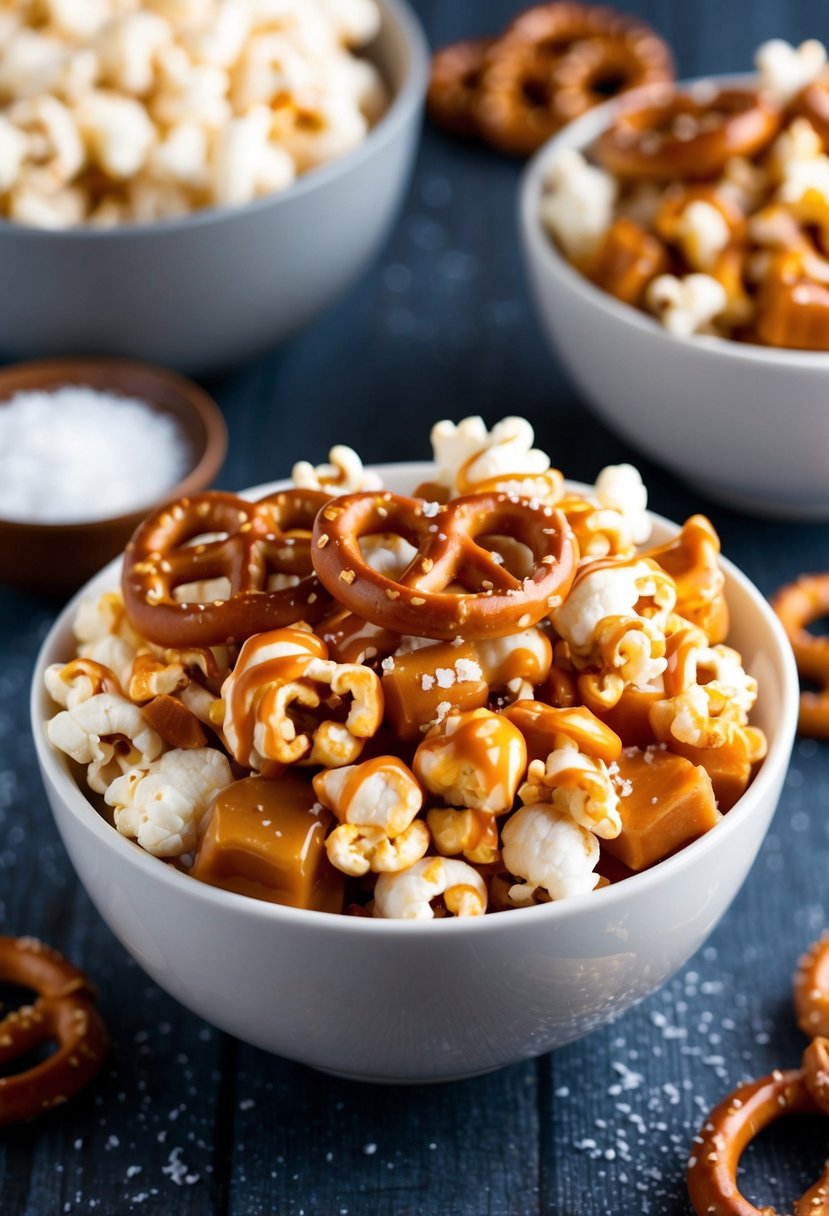 A bowl of popcorn mixed with caramel, pretzels, and a sprinkle of salt