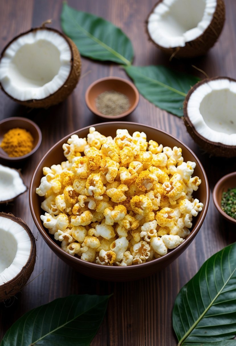 A bowl of popcorn with coconut curry seasoning, surrounded by coconut shells and curry leaves on a wooden table