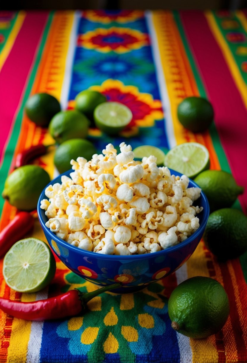 A bowl of chili lime popcorn surrounded by fresh limes and chili peppers on a vibrant fiesta-themed tablecloth