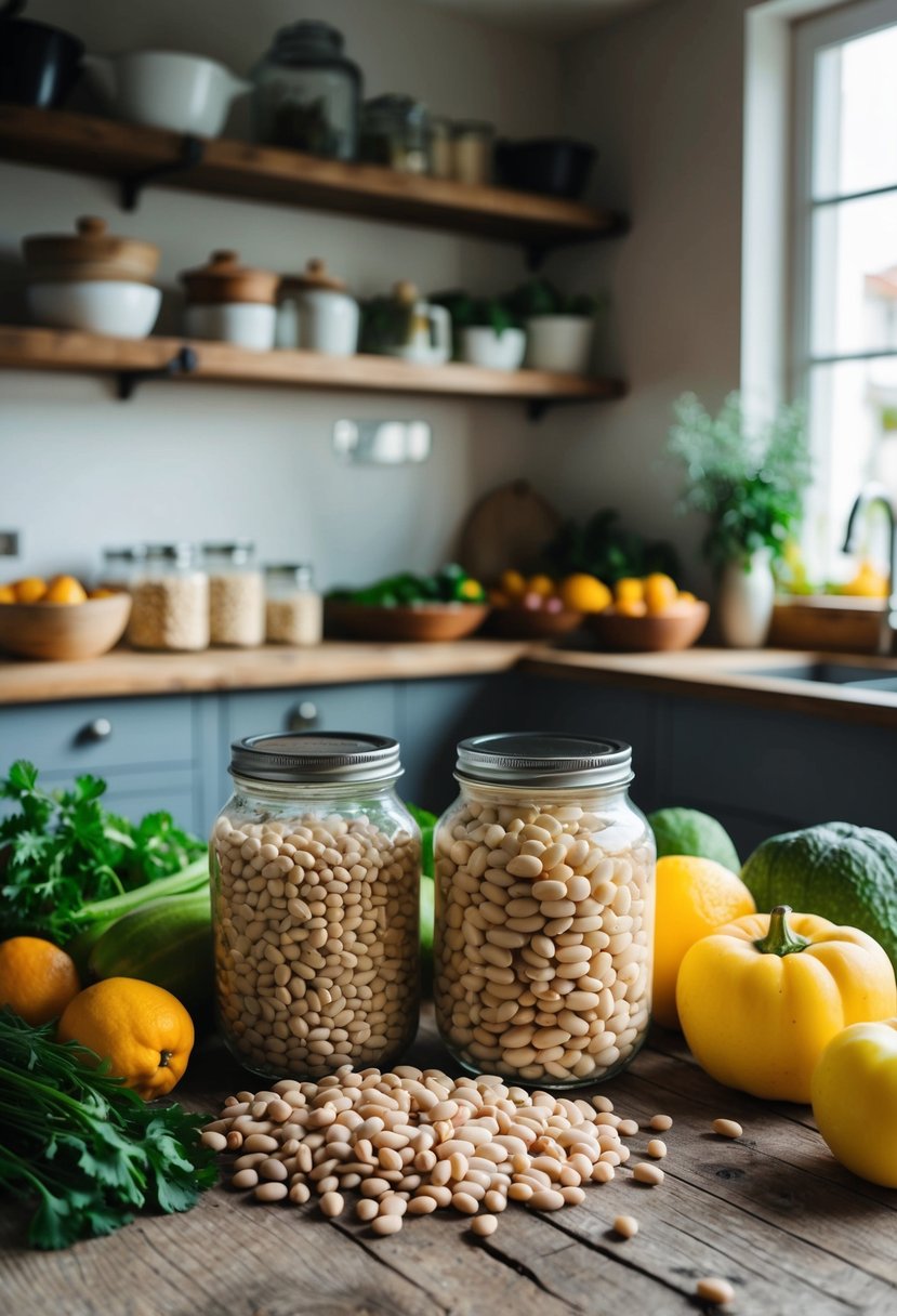 A rustic kitchen with a wooden table surrounded by fresh produce and a variety of white beans in glass jars