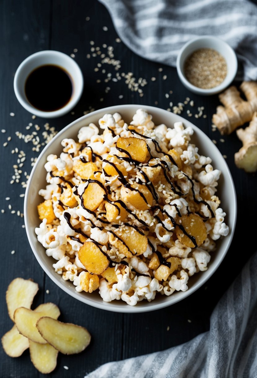 A bowl of sesame ginger fusion popcorn surrounded by sesame seeds, ginger slices, and a drizzle of soy sauce