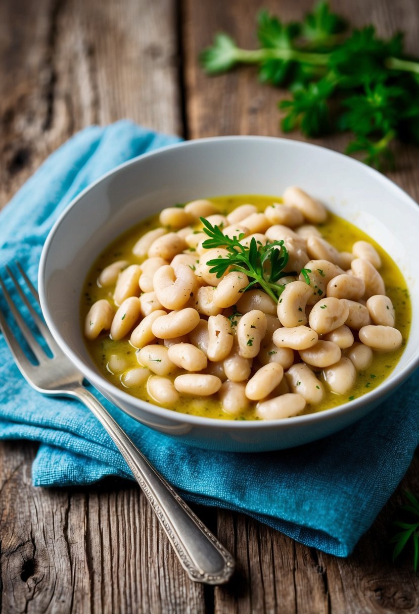 A rustic wooden table with a bowl of creamy white beans in a garlicky parmesan sauce, garnished with fresh herbs and cracked black pepper