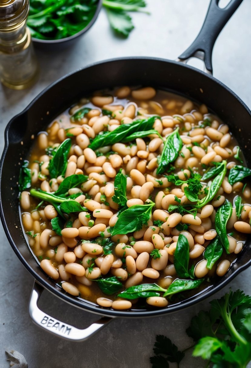 A skillet filled with simmering white beans and vibrant green leafy vegetables