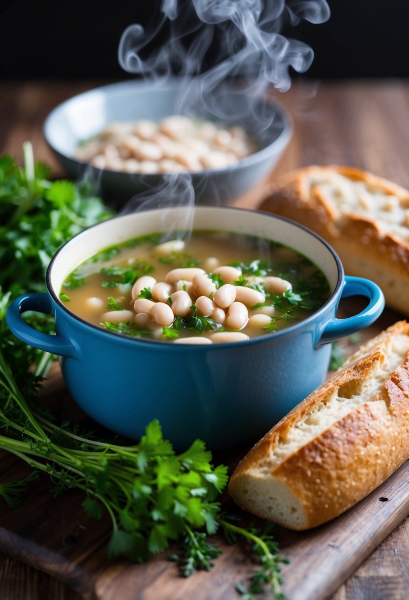 A steaming pot of white bean soup with miso, surrounded by fresh herbs and a loaf of crusty bread