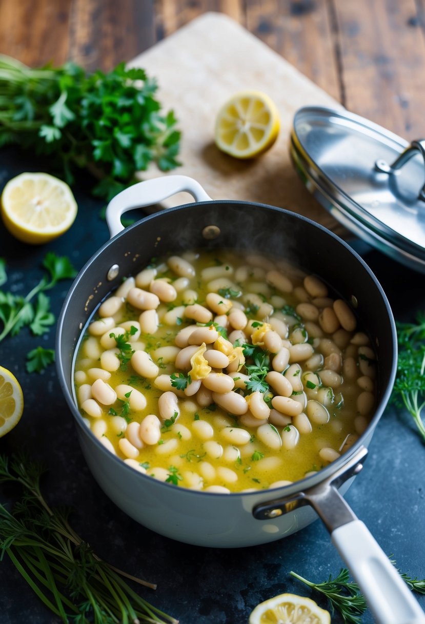 A rustic kitchen counter with a pot of simmering white beans in a garlic and lemon sauce, surrounded by fresh herbs and a sliced lemon