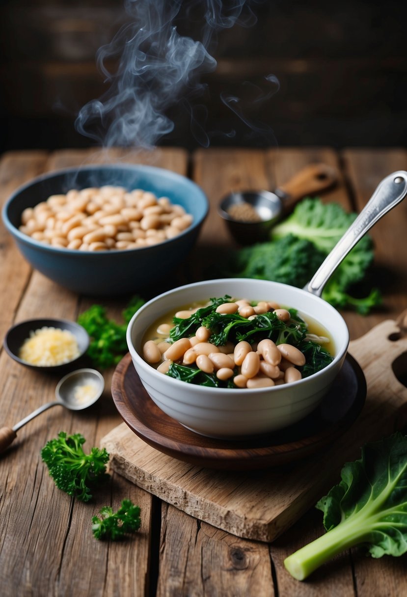 A rustic wooden table set with a steaming bowl of classic white beans and escarole, surrounded by fresh ingredients and a vintage ladle